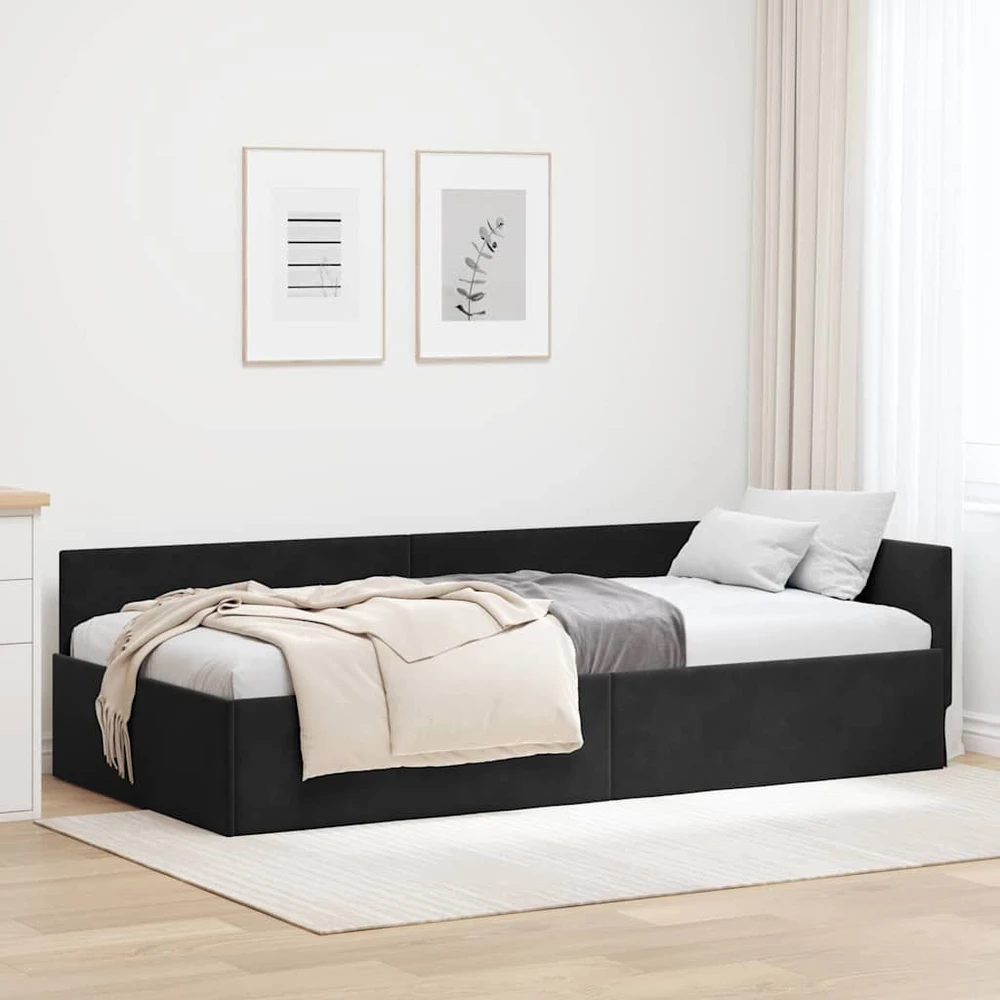 Lova Kampinė lovos konstrukcija Juoda 90 cm x 190 cm Aksomas