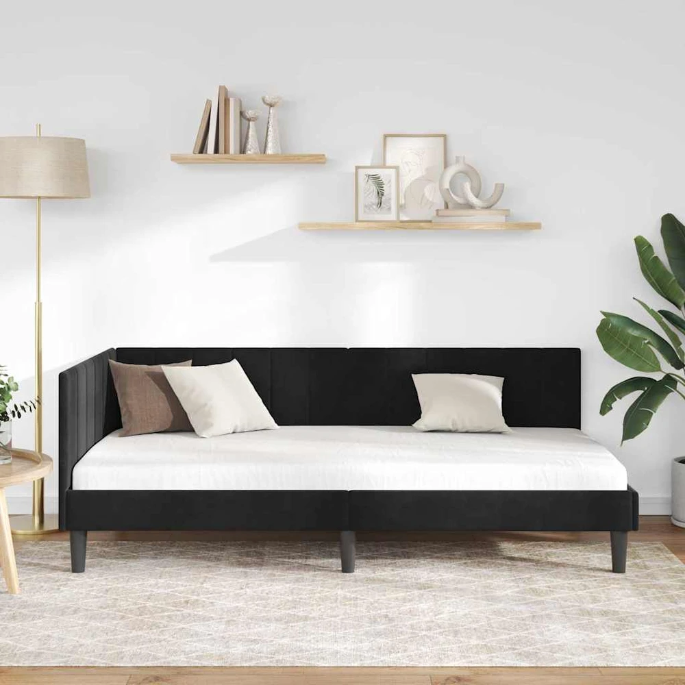 Lova Kampinė lovos konstrukcija Juoda 90 cm x 200 cm Aksomas