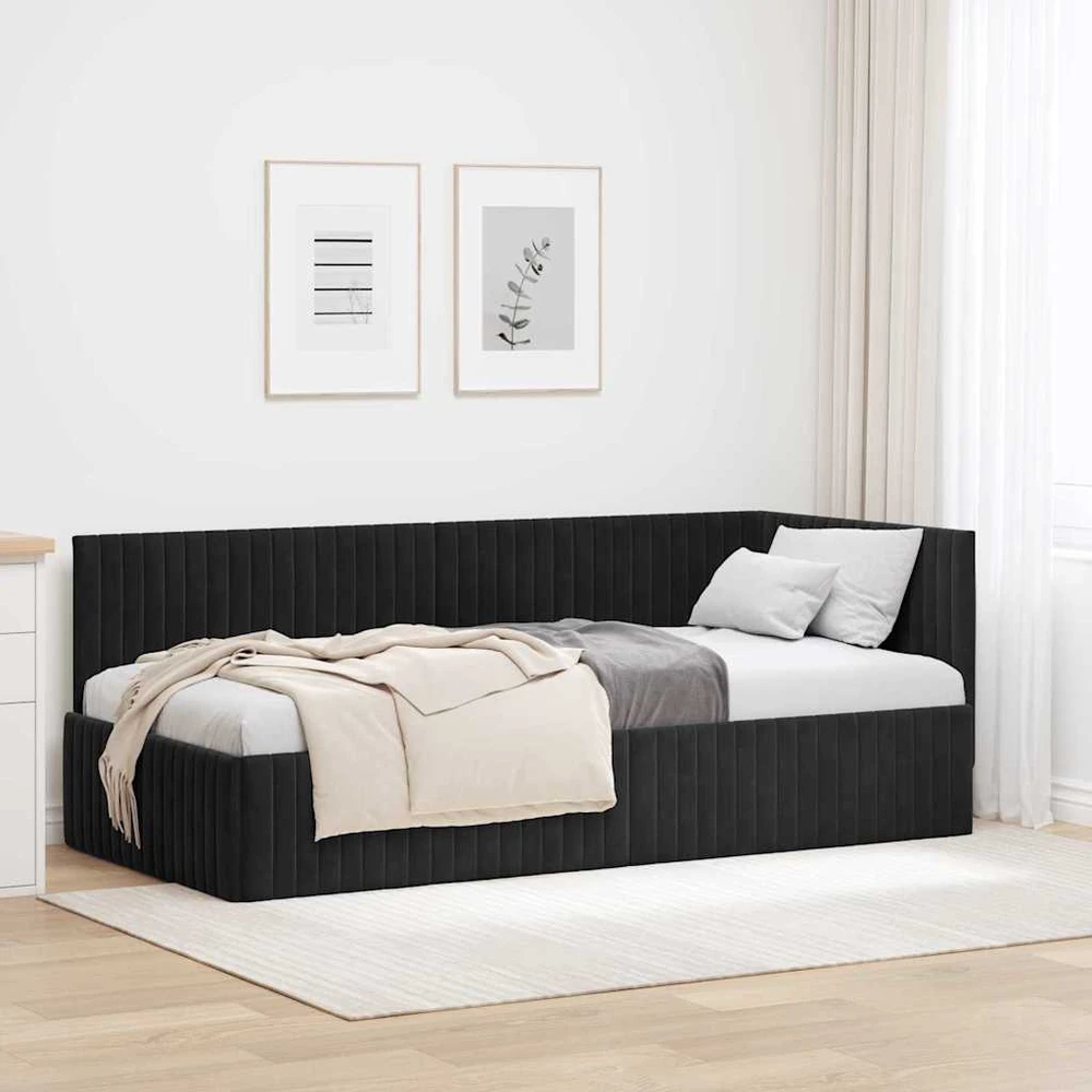 Lova Kampinė lovos konstrukcija Juoda 90 cm x 190 cm Aksomas