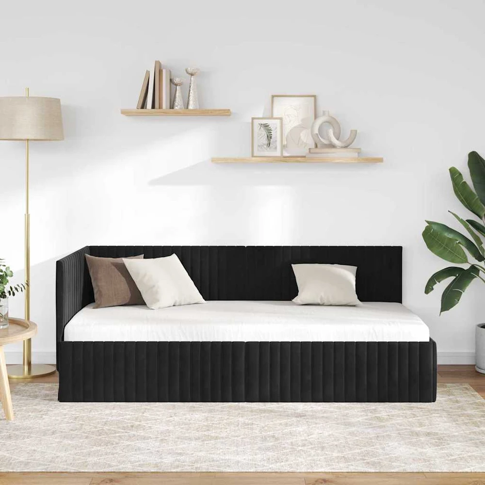 Lova Kampinė lovos konstrukcija Juoda 90 cm x 190 cm Aksomas