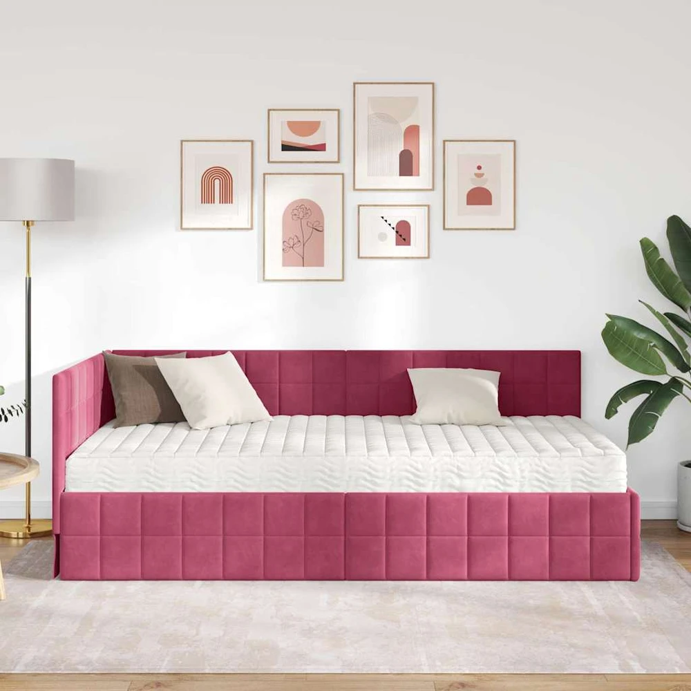 Lova Kampinė lovos konstrukcija su čiužiniu 2 vnt. Žalia Aksomas