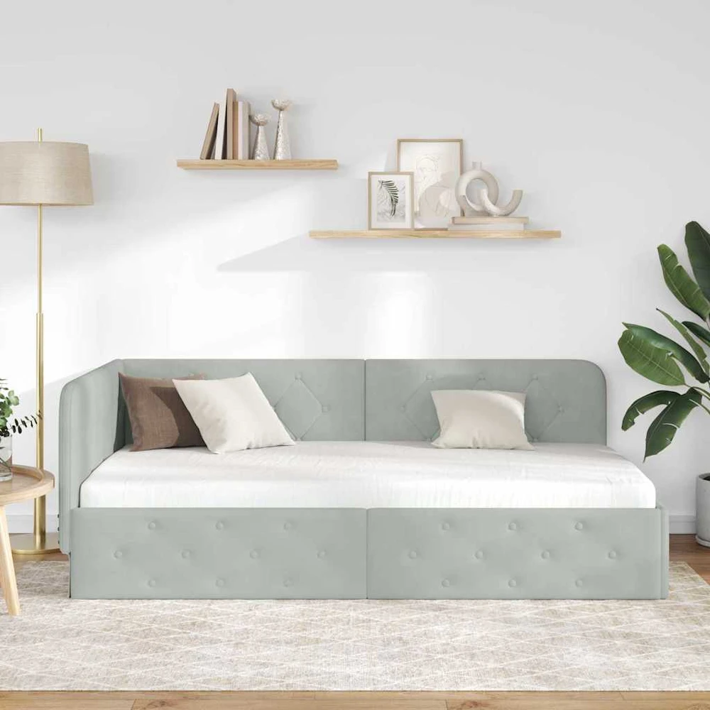 Lova Kampinė lovos konstrukcija Šviesiai pilka 90 x 200 cm Aksomas
