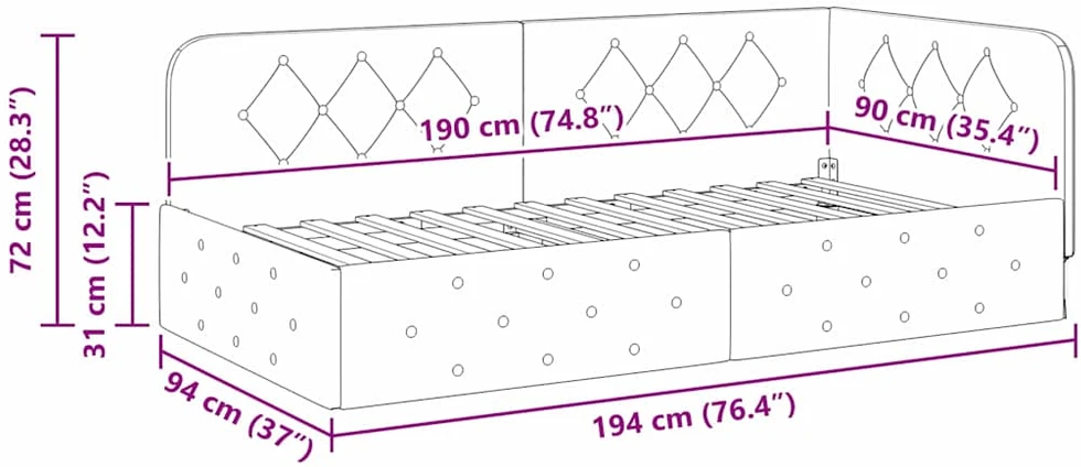 Lova Kampinė lovos konstrukcija Šviesiai pilka 90 x 190 cm audinys