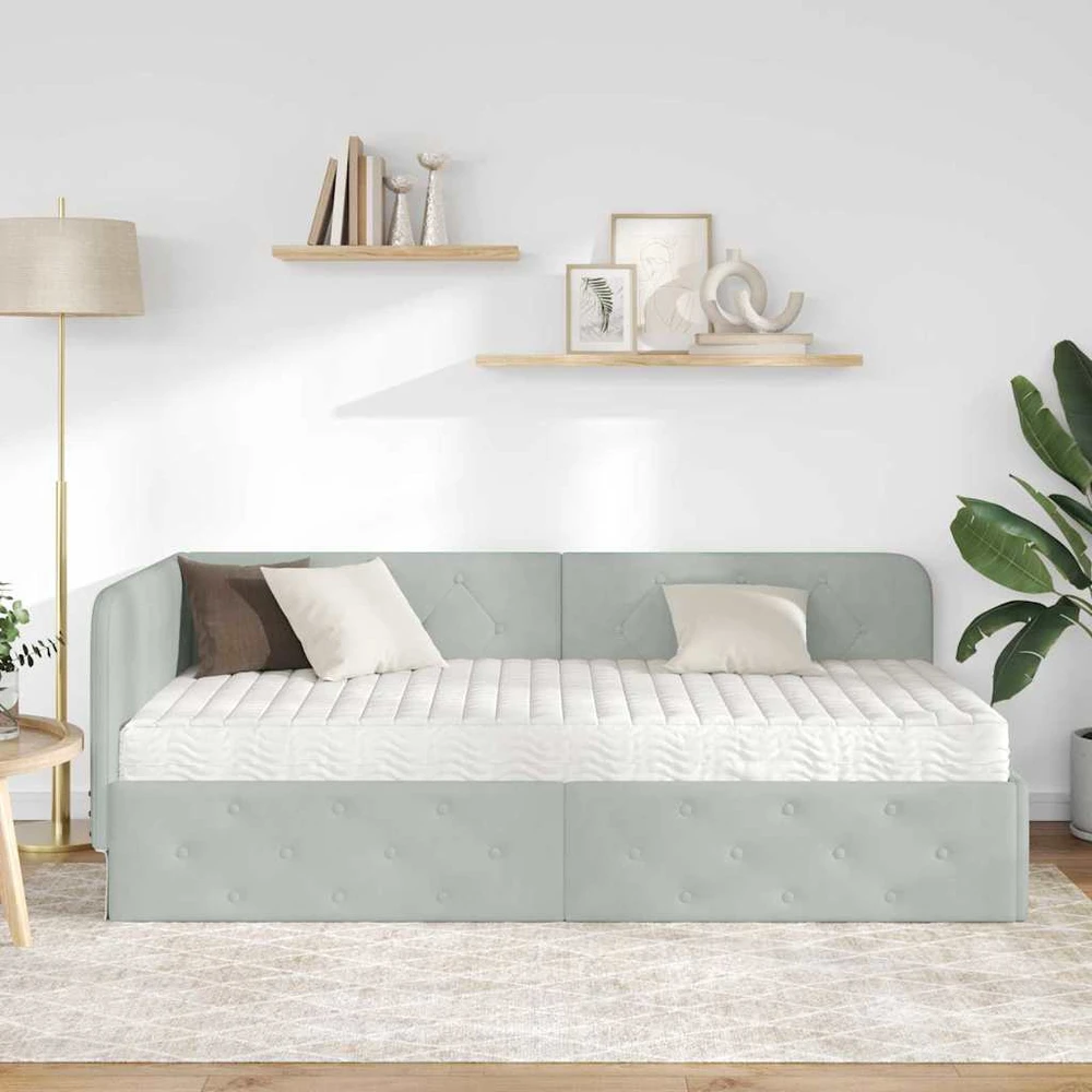 Lova Kampinė lovos konstrukcija Šviesiai pilka 90 x 200 cm Aksomas