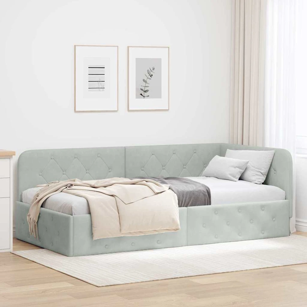Lova Kampinė lovos konstrukcija Šviesiai pilka 90 x 200 cm Aksomas