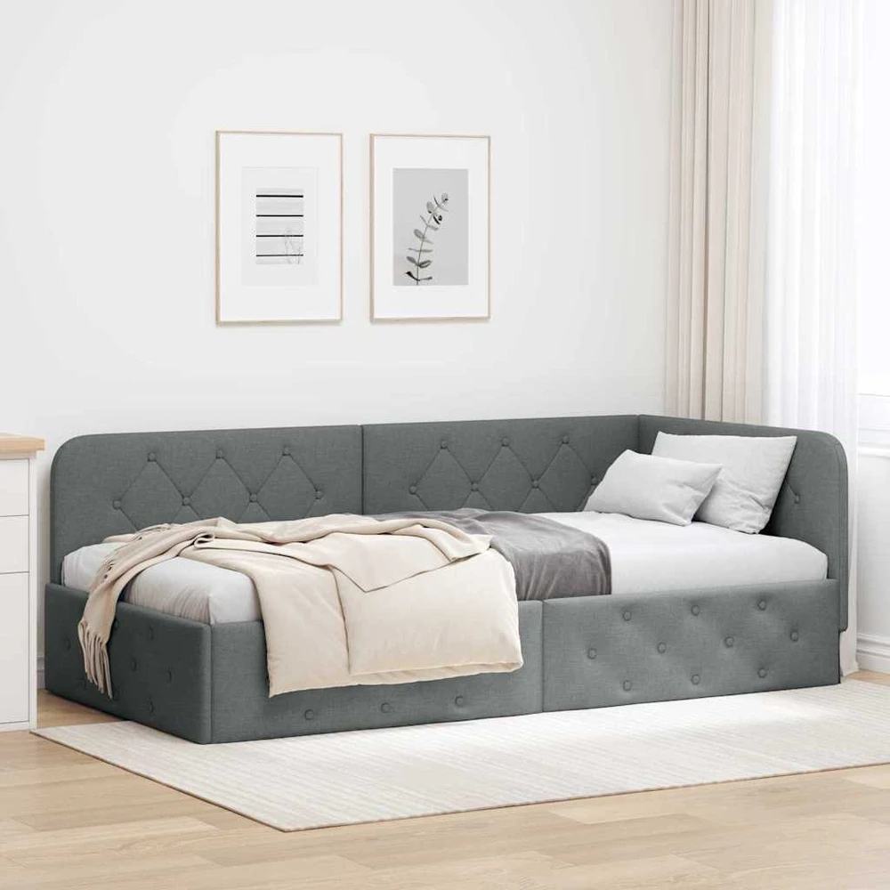 Lova Kampinė lovos konstrukcija Tamsiai pilka 90 x 190 cm audinys