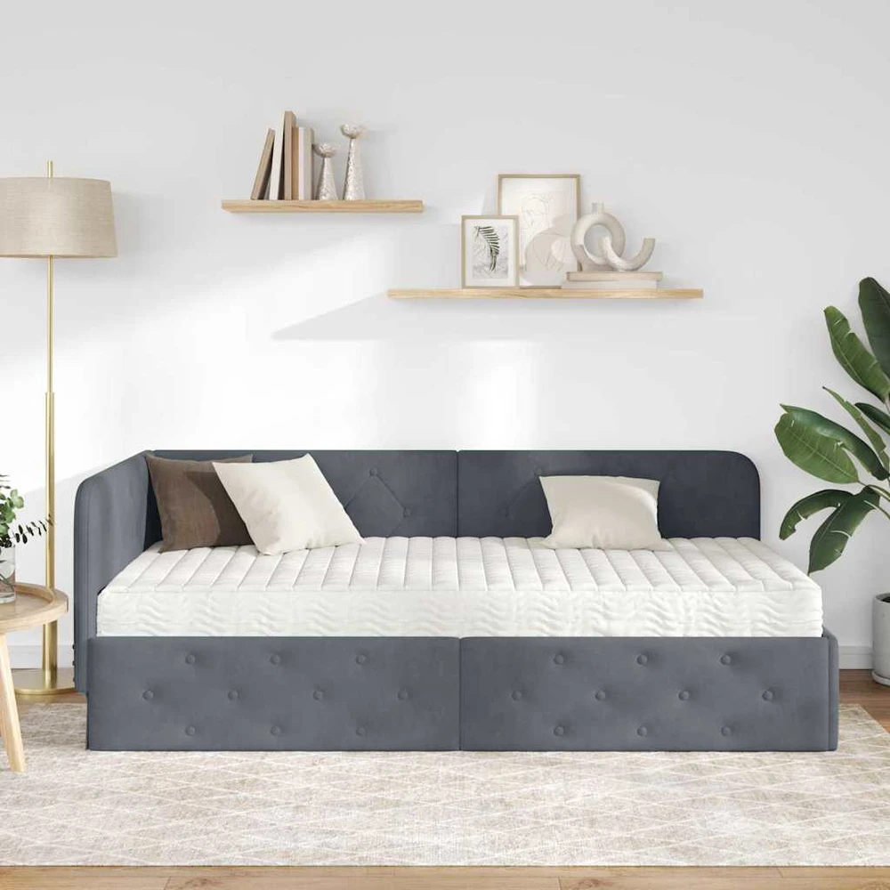 Lova Kampinė lovos konstrukcija Tamsiai pilka 100 x 200 cm Aksomas