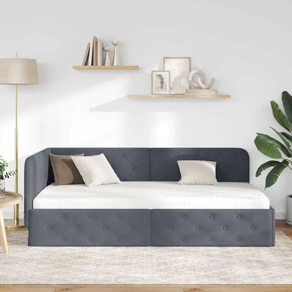 Lova Kampinė lovos konstrukcija Tamsiai pilka 100 x 200 cm Aksomas