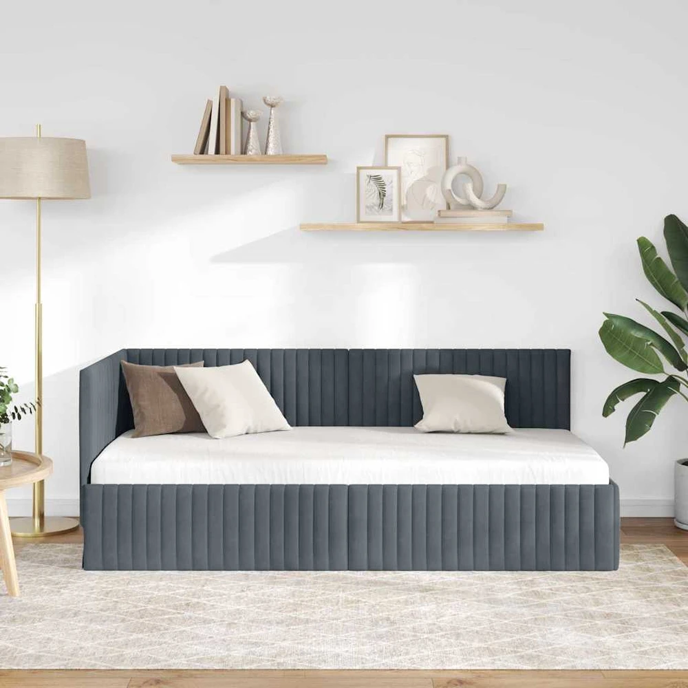 Lova Kampinė lovos konstrukcija Tamsiai pilka 90 cm x 190 cm Aksomas