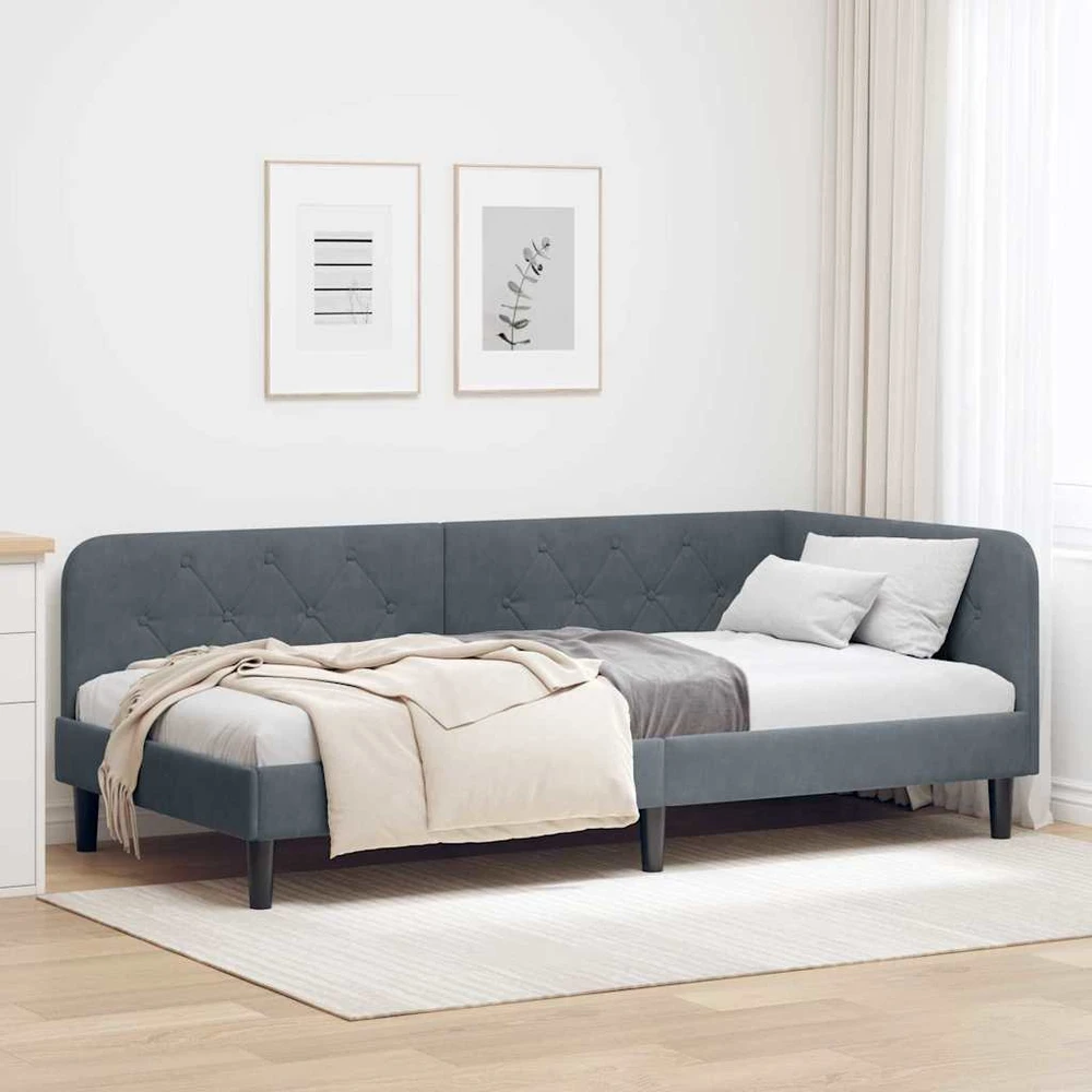 Lova Kampinė lovos konstrukcija Tamsiai pilka 100 x 200 cm Aksomas