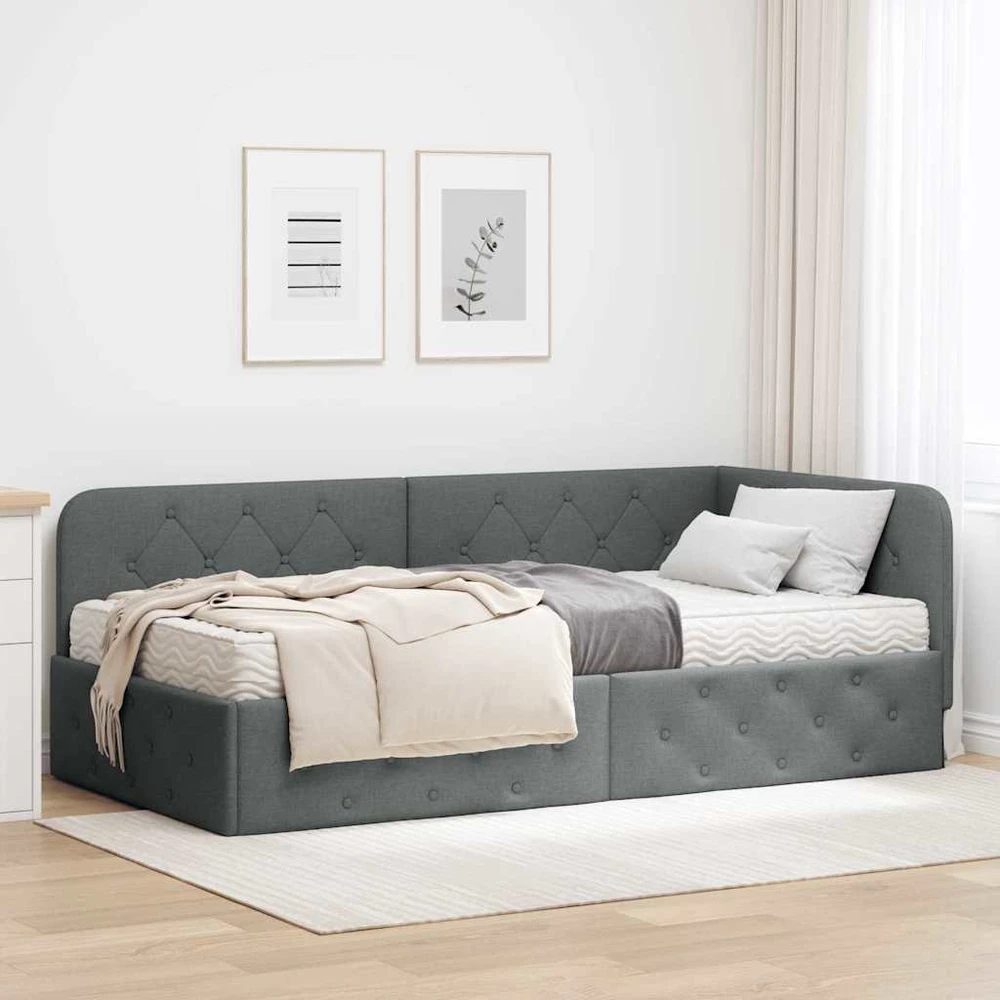 Lova Kampinė lovos konstrukcija Tamsiai pilka 100 x 200 cm audinys