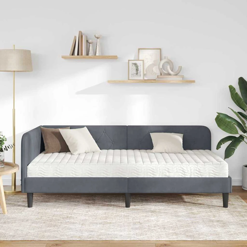 Lova Kampinė lovos konstrukcija Tamsiai pilka 90 x 190 cm Aksomas