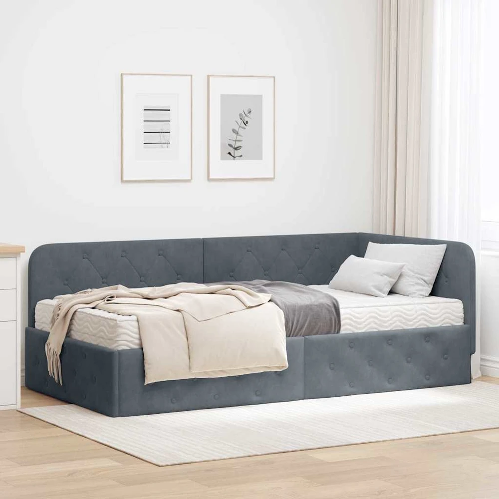 Lova Kampinė lovos konstrukcija Tamsiai pilka 100 x 200 cm Aksomas