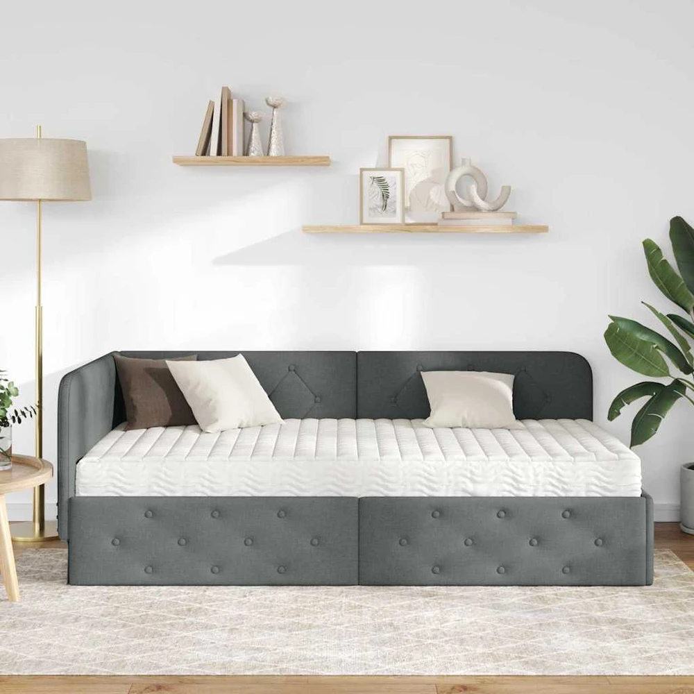 Lova Kampinė lovos konstrukcija Tamsiai pilka 100 x 200 cm audinys