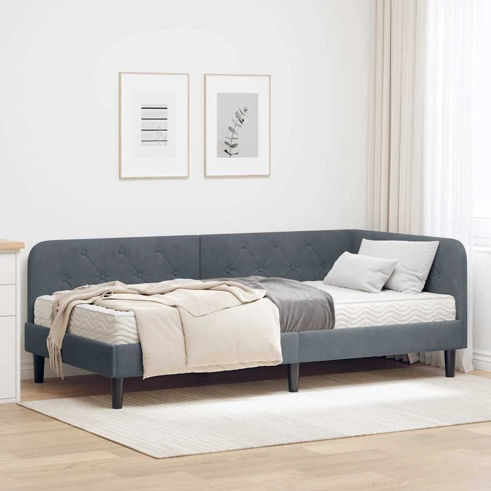 Lova Kampinė lovos konstrukcija Tamsiai pilka 90 x 190 cm Aksomas
