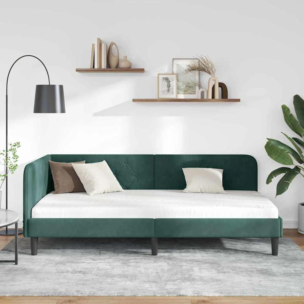 Lova Kampinė lovos konstrukcija Tamsiai žalia 90 x 200 cm Aksomas
