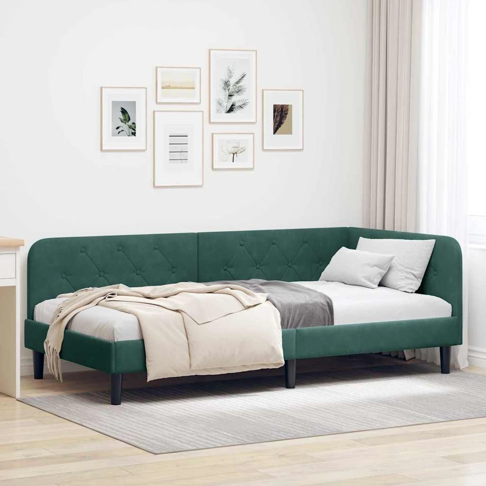 Lova Kampinė lovos konstrukcija Tamsiai žalia 90 x 200 cm Aksomas