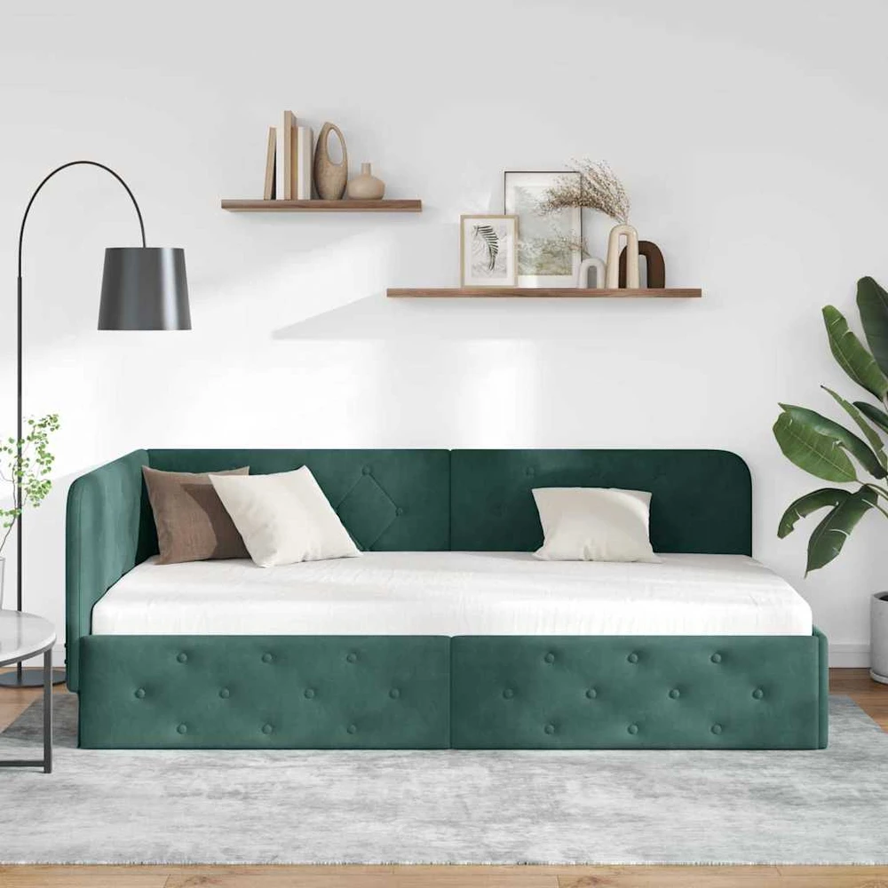 Lova Kampinė lovos konstrukcija Tamsiai žalia 90 x 190 cm Aksomas