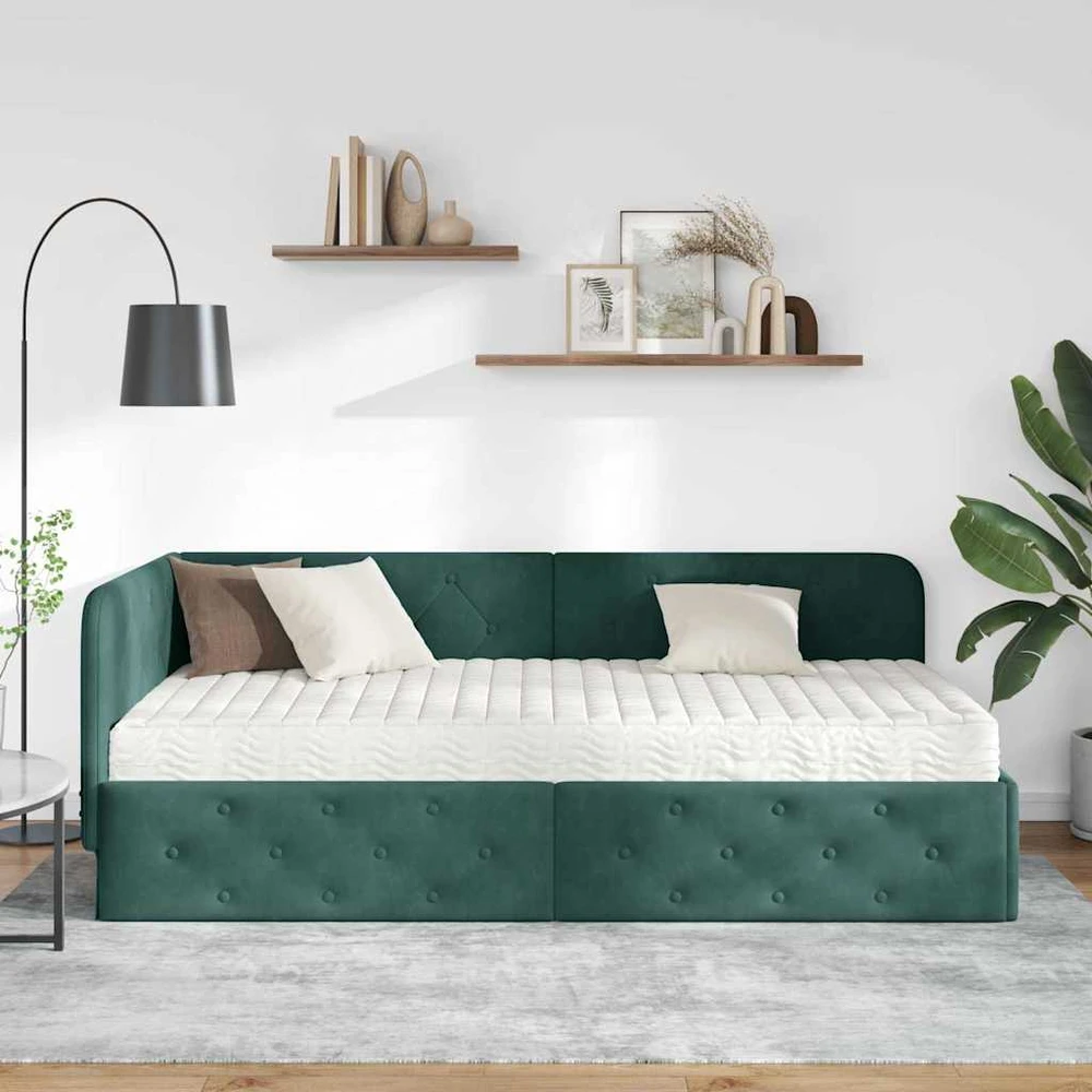 Lova Kampinė lovos konstrukcija Tamsiai žalia 90 x 190 cm Aksomas
