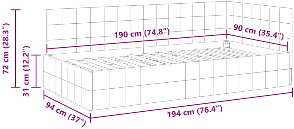 Lova Kampinė lovos konstrukcija Turkio 90 cm x 190 cm Aksomas