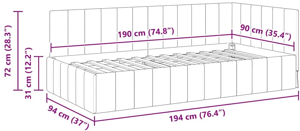 Lova Kampinė lovos konstrukcija Turkio 90 cm x 190 cm Aksomas