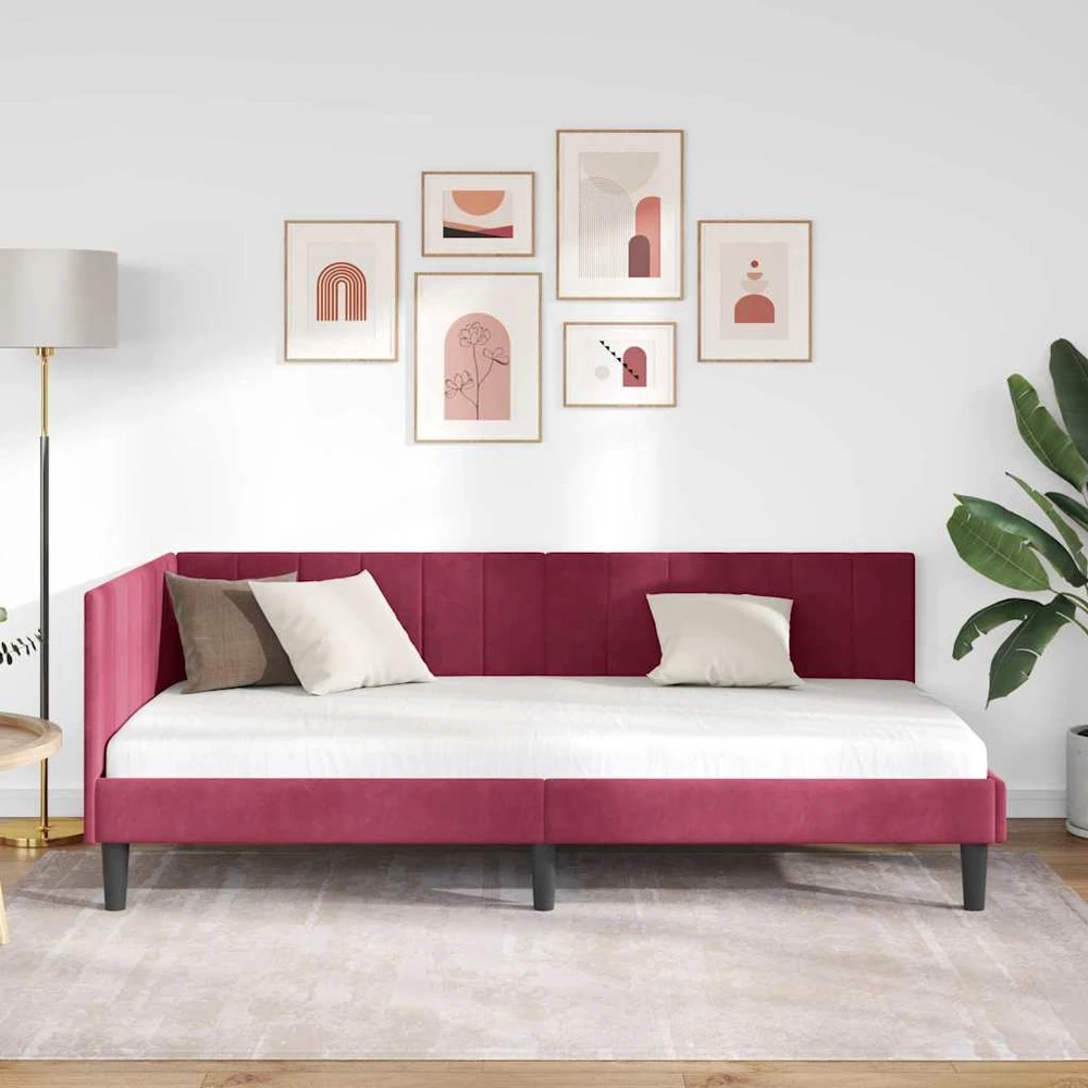 Lova Kampinė lovos konstrukcija Vyno raudona 90 cm x 190 cm Aksomas