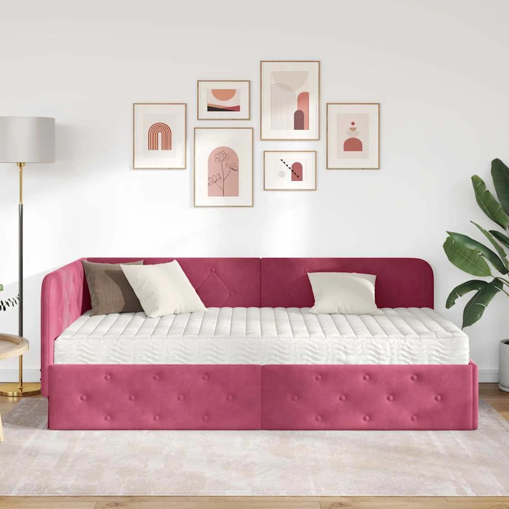 Lova Kampinė lovos konstrukcija Vyno raudona 100 x 200 cm Aksomas