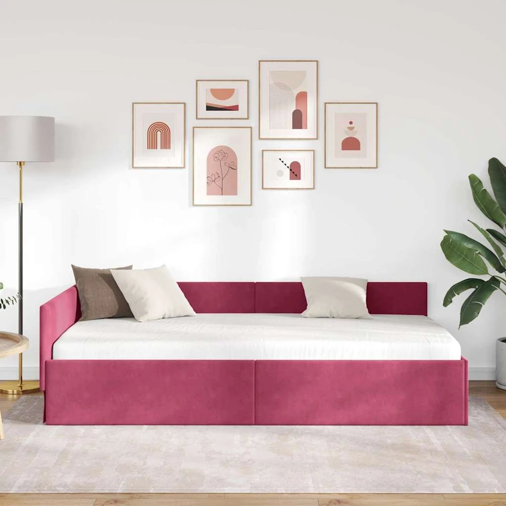 Lova Kampinė lovos konstrukcija Vyno raudona 100 cm x 200 cm Aksomas