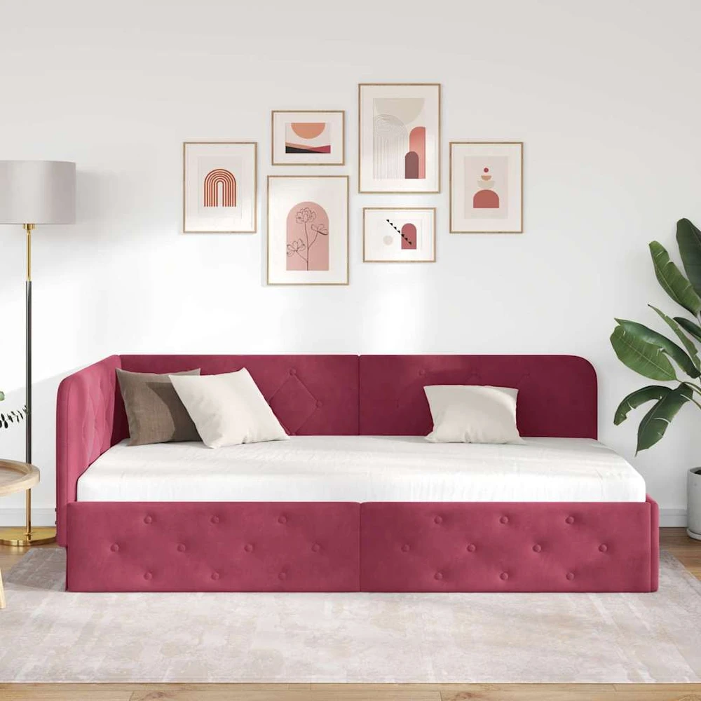 Lova Kampinė lovos konstrukcija Vyno raudona 90 x 190 cm Aksomas
