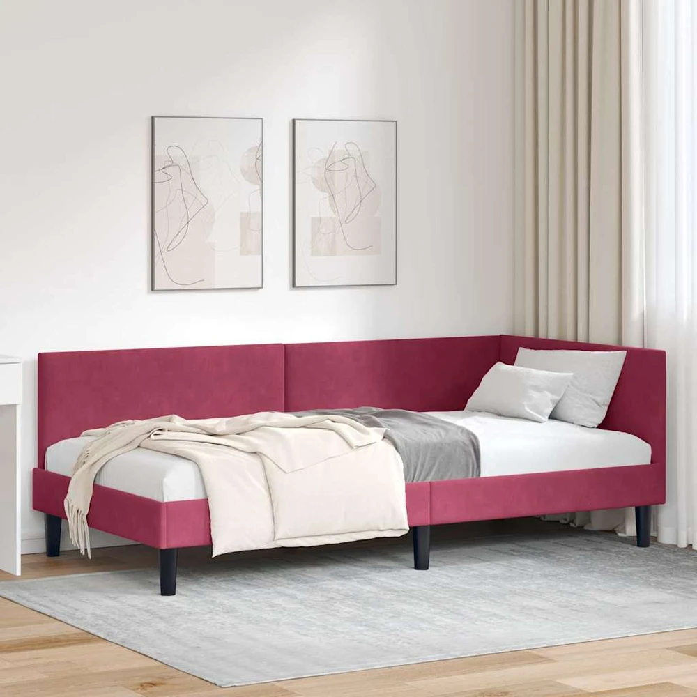 Lova Kampinė lovos konstrukcija Vyno raudona 90 cm x 200 cm Aksomas