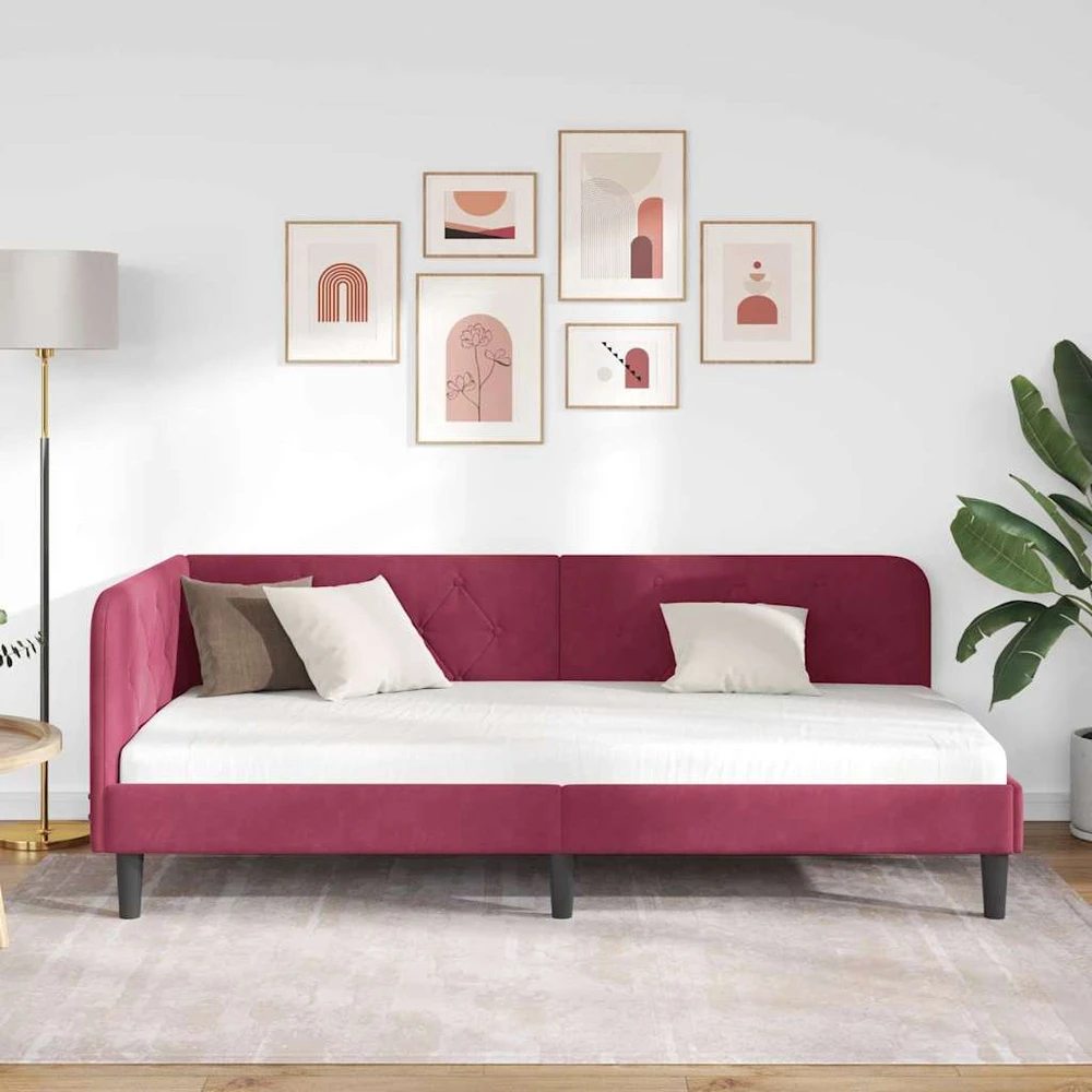 Lova Kampinė lovos konstrukcija Vyno raudona 90 x 190 cm Aksomas