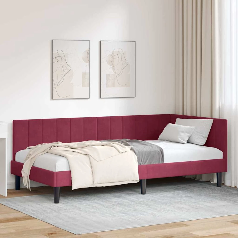Lova Kampinė lovos konstrukcija Vyno raudona 90 cm x 200 cm Aksomas