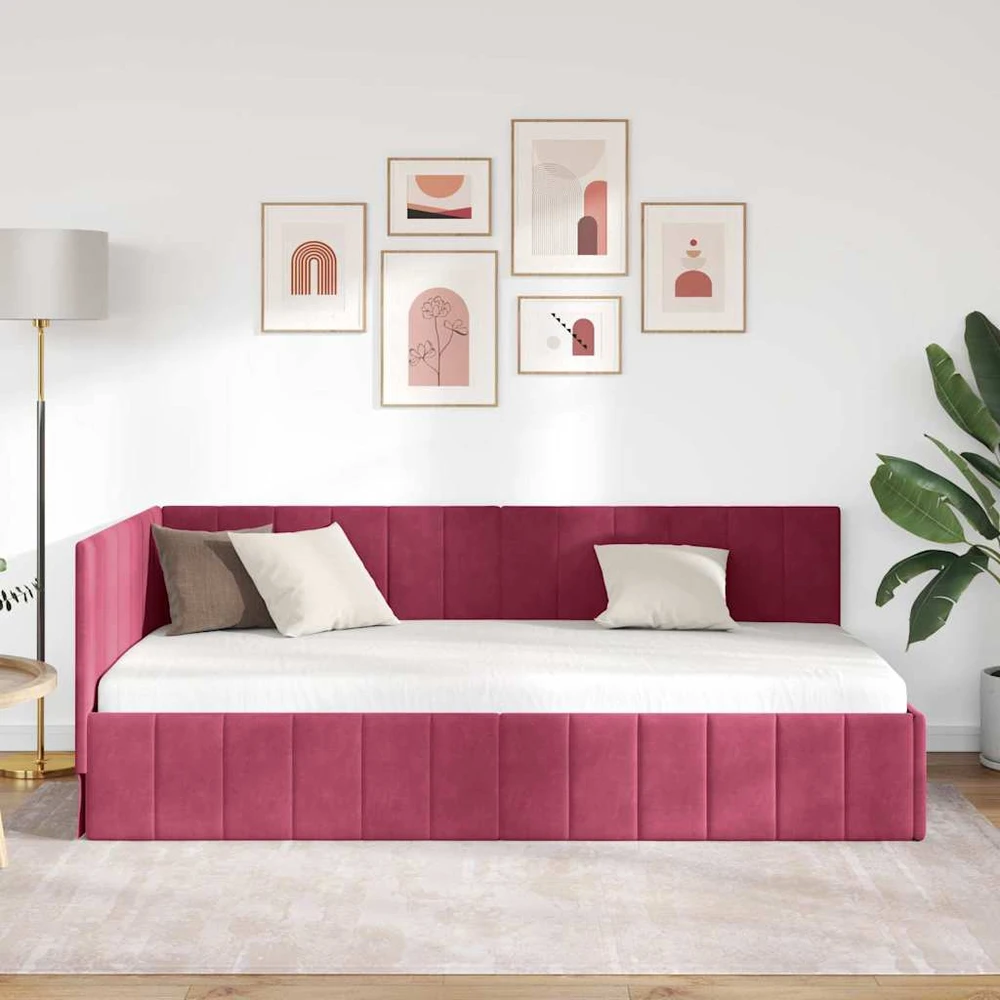 Lova Kampinė lovos konstrukcija Vyno raudona 90 cm x 190 cm Aksomas