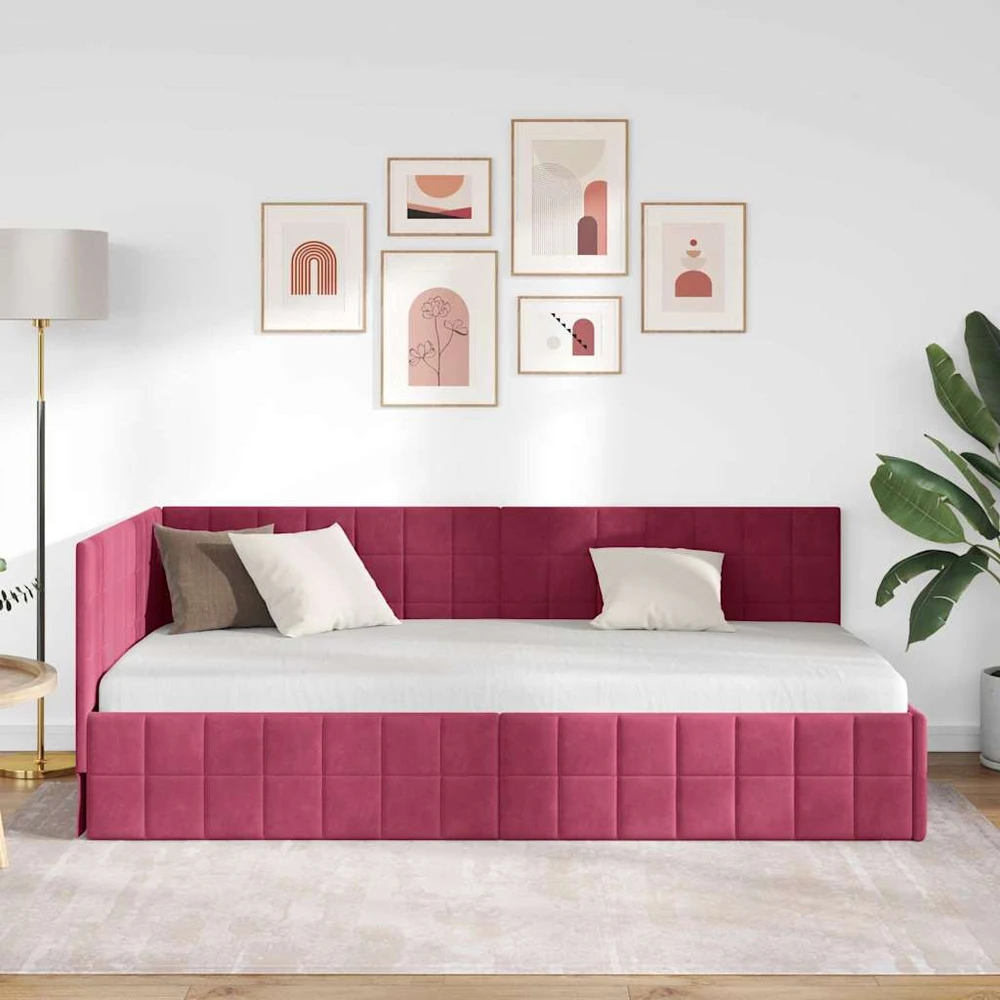 Lova Kampinė lovos konstrukcija Vyno raudona 90 cm x 190 cm Aksomas