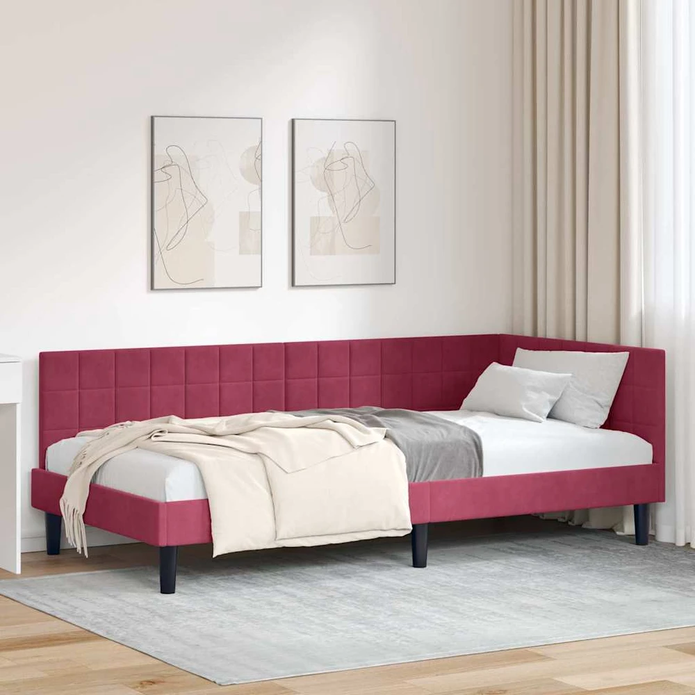 Lova Kampinė lovos konstrukcija Vyno raudona 90 cm x 190 cm Aksomas