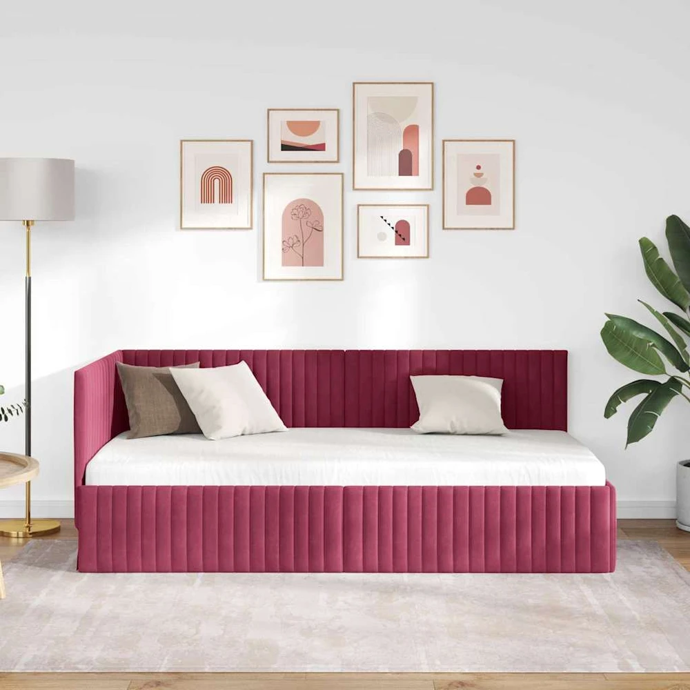 Lova Kampinė lovos konstrukcija Vyno raudona 90 cm x 200 cm Aksomas