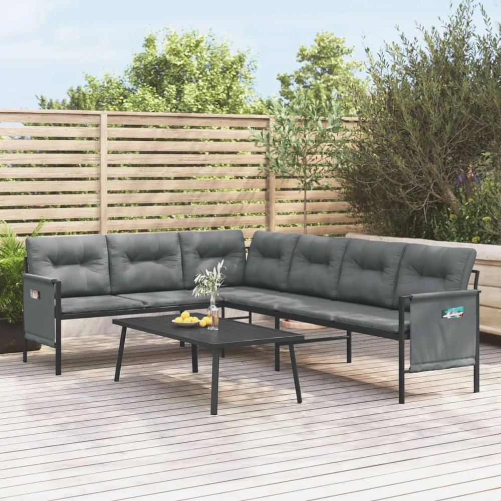 Kampinė sodo sofa, antracito spalvos, plienas ir tekstilenas