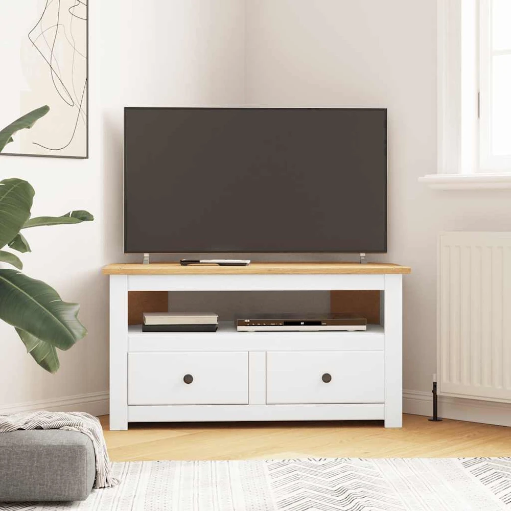 Kampinė TV spintelė Panama, balta, 93x49x49cm, pušies masyvas