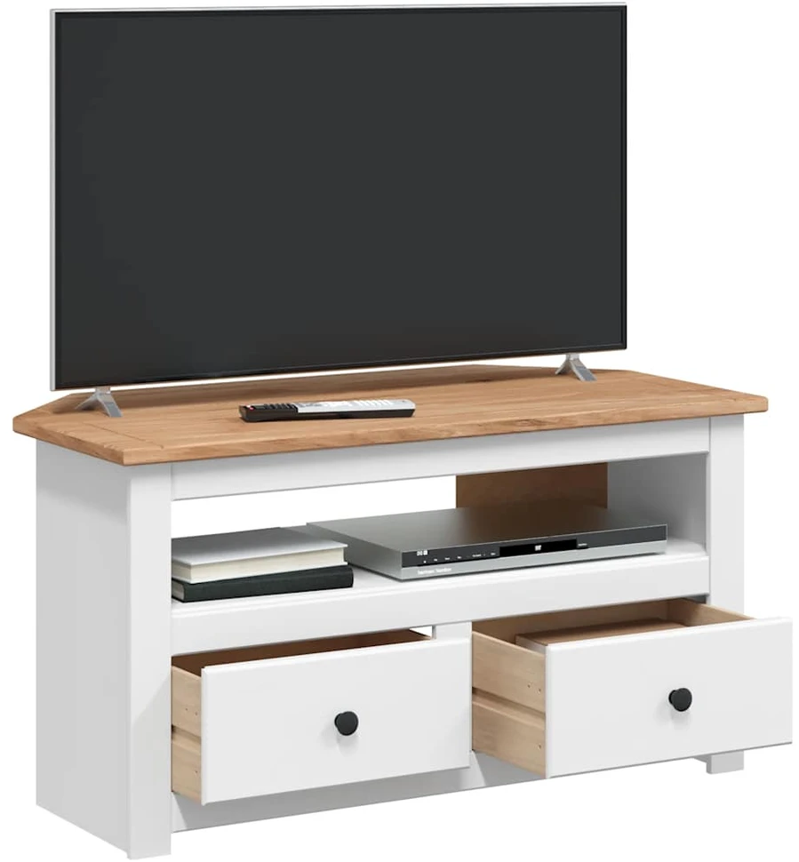 Kampinė TV spintelė Panama, balta, 93x49x49cm, pušies masyvas