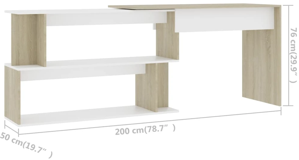 Kampinis rašomasis stalas, baltas/ąžuolo, 200x50x76cm, mediena