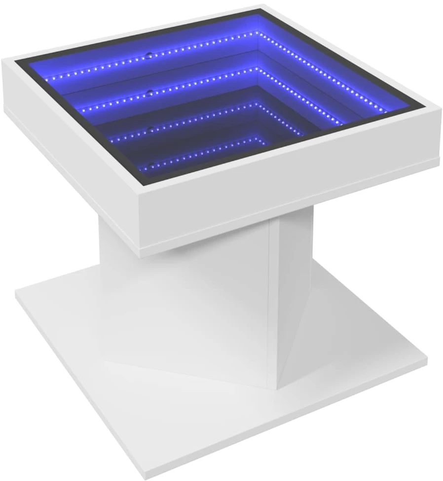 Kavos staliukas su LED, baltas, 50x50x45cm, apdirbta mediena