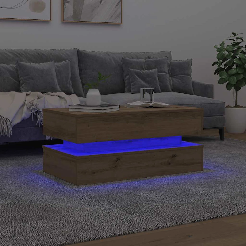 Kavos staliukas su LED lemputėmis, artisano ąžuolo, 90x50x40cm