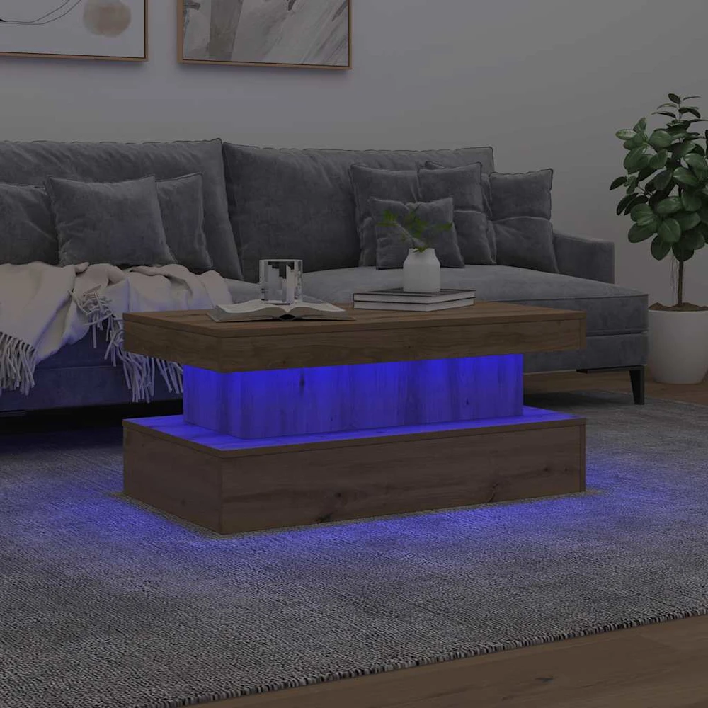 Kavos staliukas su LED lemputėmis, artisano ąžuolo, 90x50x40cm
