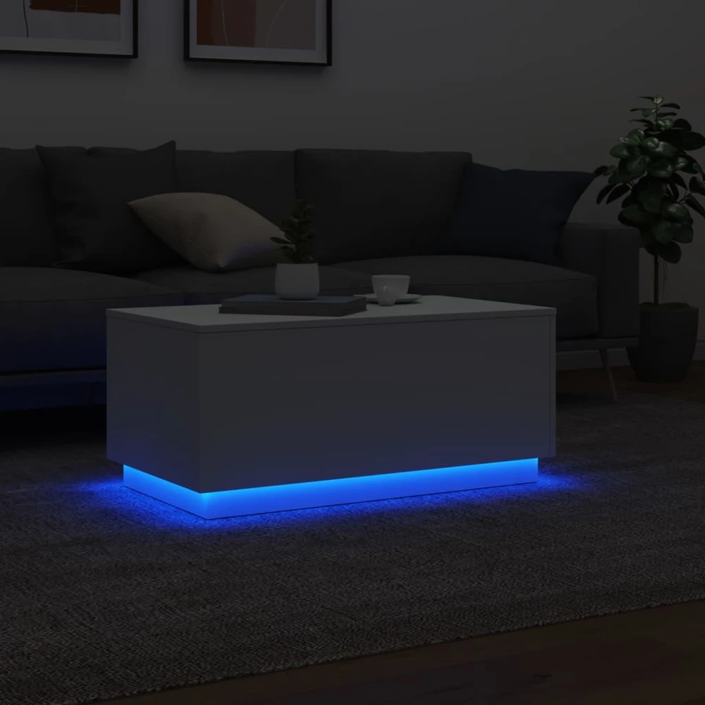 Kavos staliukas su LED lemputėmis, baltos spalvos, 90x50x40cm
