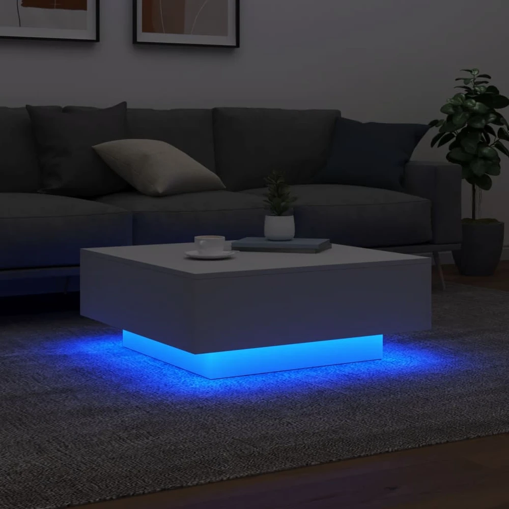 Kavos staliukas su LED lemputėmis, baltos spalvos, 80x80x31cm