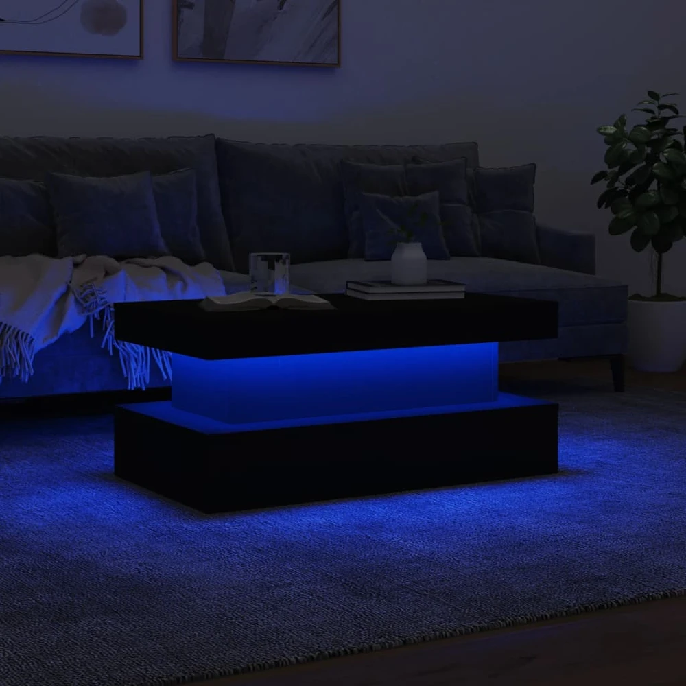 Kavos staliukas su LED lemputėmis, baltos spalvos, 90x50x40cm