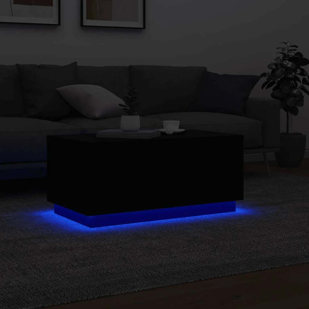 Kavos staliukas su LED lemputėmis, juodos spalvos, 90x50x40cm