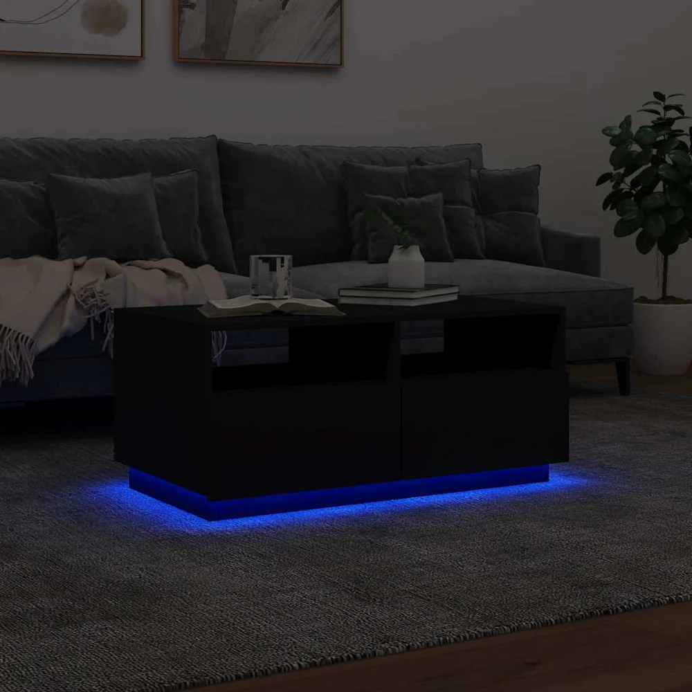 Kavos staliukas su LED lemputėmis, juodos spalvos, 90x49x40cm