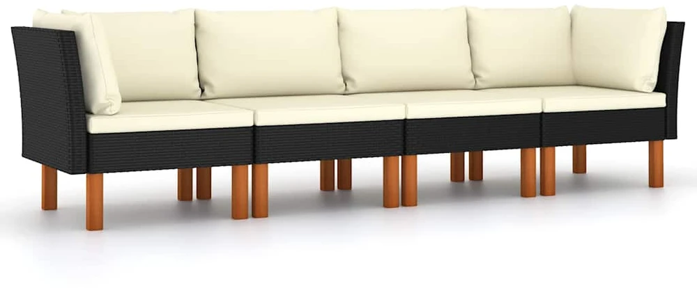 Keturvietė sodo sofa su pagalvėlėmis, juoda, poliratanas
