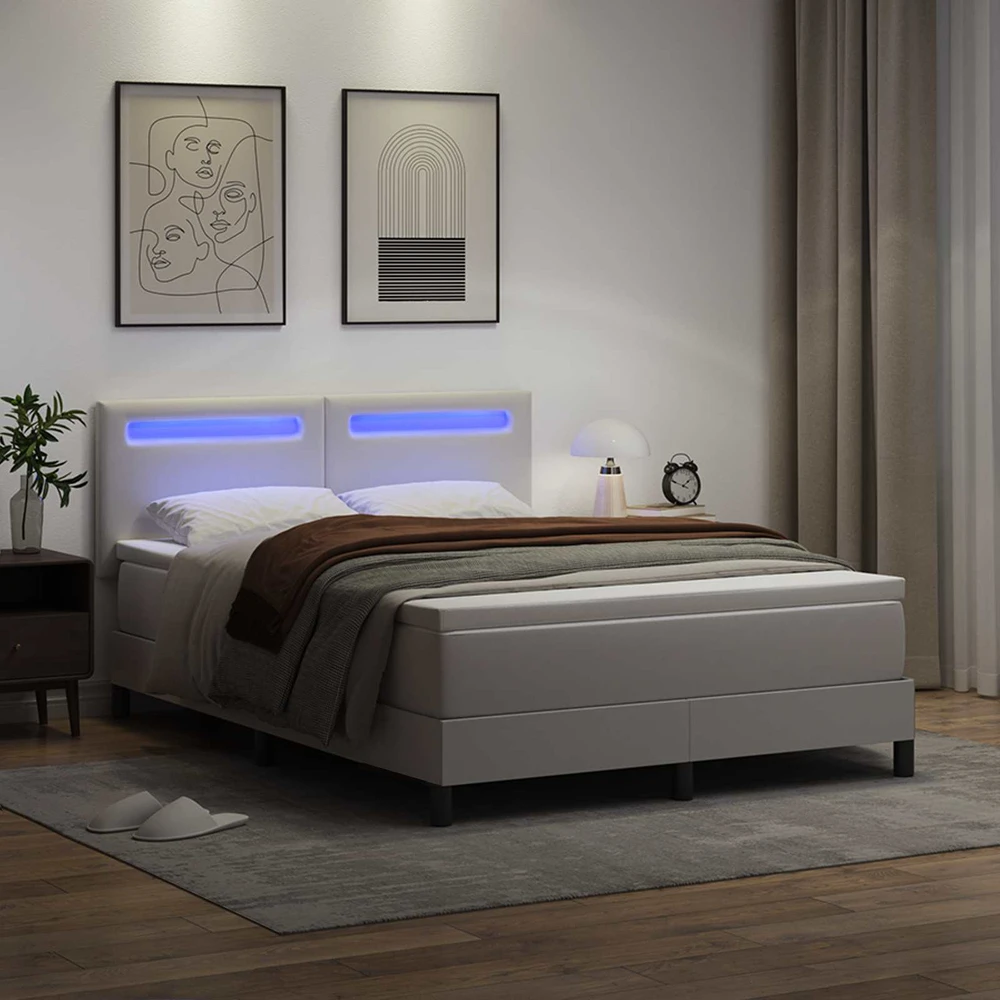 Kiemas lova su LED juostelėmis Balta 160 x 200 cm Dirbtinė oda